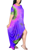 Orange Milk. Fashion adult Ma'am Street Cap Sleeve Short Sleeves O neck Princess Dress Floor-Length Print Tie and dye asymmetrical Dresses