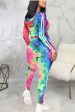 Rose Red Sexy Print Tie-dye Hooded Collar Long Sleeve Two Pieces