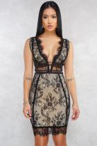 Black Casual Sexy Fashion Tank Sleeveless V Neck Step Skirt Knee-Length Solid Patchwork lace Cl