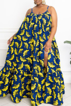 Blue Sexy Print Patchwork High Opening Spaghetti Strap Sling Dress Plus Size Dresses