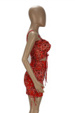 Rose Red Fashion Sexy Print Backless Spaghetti Strap Sleeveless Two Pieces