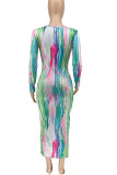 Multicolor Sexy Print Patchwork V Neck Pencil Skirt Dresses