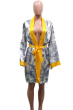 purple Fashion Casual Adult Print Patchwork With Belt V Neck Outerwear