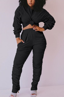 Black Fashion Sexy adult Ma'am Patchwork Solid Two Piece Suits Straight Long Sleeve Two Pieces
