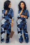 Blue Fashion Casual Button bandage Coloured drawing Camouflage Long Sleeve O Neck 
