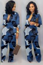Blue Fashion Casual Button bandage Coloured drawing Camouflage Long Sleeve O Neck 