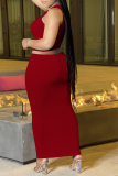 Burgundy Sexy Solid Ripped O Neck Sleeveless Two Pieces