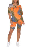 Dark Blue Fashion Sexy adult Patchwork Print Tie Dye Two Piece Suits Straight Short Sleeve Two Pieces