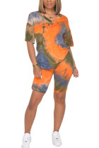 Orange Fashion Sexy adult Patchwork Print Tie Dye Two Piece Suits Straight Short Sleeve Two Pieces