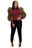 Wine Red Nylon O Neck Long Sleeve Leopard Print Patchwork Slim fit 
