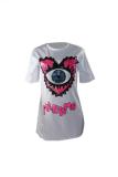 White Fashion Casual Cap Sleeve Short Sleeves O neck Slim Dress Mini Character eye asymmetrical