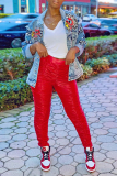 Blue Casual Print Patchwork Turndown Collar Straight Denim Jacket
