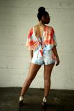 Pink Fashion Sexy Print Button Short Sleeve Rompers