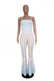 Blue Fashion Casual Draped Print Striped Sleeveless Slip Jumpsuits
