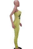 Yellow Red Fashion Sexy Letter Print Patchwork Backless Fold O Neck Skinny Jumpsuits