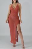 Red Sexy Solid Patchwork Spaghetti Strap Irregular Dress Dresses