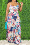 Colorful Blue Sexy Print Patchwork Spaghetti Strap Straight Dresses