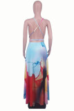 Red Fashion Sexy Print Backless Slit Spaghetti Strap Sleeveless Dress