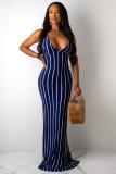 Navy Blue Sexy Fashion Spaghetti Strap Sleeveless Slip Sheath Floor-Length asymmetrical bandage back