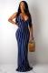 Navy Blue Sexy Fashion Spaghetti Strap Sleeveless Slip Sheath Floor-Length asymmetrical bandage back