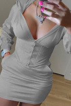 Grey Fashion Casual Adult Solid Patchwork Hooded Collar Long Sleeve Mini Long Sleeve Dress Dresses