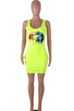 Orange Sexy Fashion Spaghetti Strap Sleeveless Slip Hip skirt Mini Fluorescent Print Solid Casua
