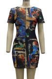 Multicolor Sexy Print Mesh O Neck Pencil Skirt Dresses