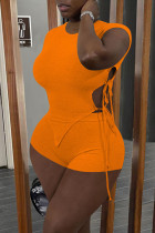 Orange Casual Solid Frenulum Asymmetrical O Neck Short Sleeve Two Pieces