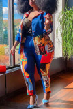 Blue Work Daily Print Patchwork Turndown Collar Plus Size 