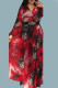 Red Elegant Print Patchwork V Neck Long Sleeve Plus Size Dresses