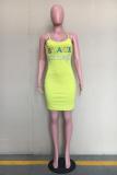Yellow Fashion Sexy Spaghetti Strap Sleeveless Slip Sheath Knee-Length Solid Character asymmetric