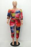 Red Sexy Casual Fashion Tie-dyed Print one word collar 