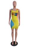 Yellow Sexy Fashion Tank Sleeveless Asymmetrical Collar Sheath Mini Bloom Character lip asymmetri