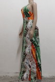 Purple Sexy Print High Opening Spaghetti Strap Straight Dresses