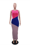 Multicolor Fashion Casual Patchwork Slit O Neck Long Dress