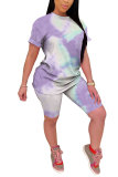 Powder blue Fashion Casual adult Patchwork Print Tie Dye Gradient Two Piece Suits pencil Short Sleeve Two Pieces
