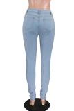 Light Blue Denim Button Fly Sleeveless High washing pencil Pants 