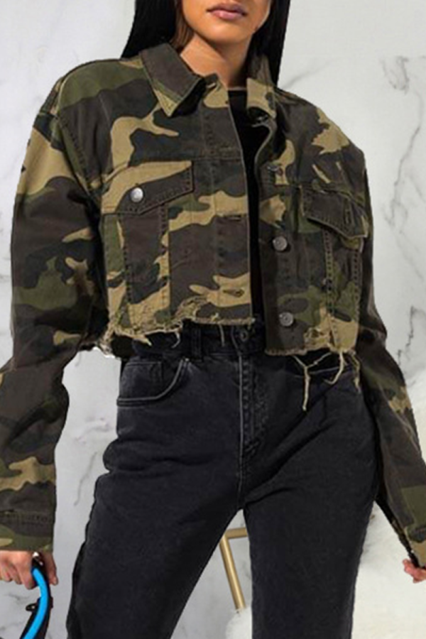 Camouflage Casual Camouflage Print Patchwork Turndown Collar Outerwear