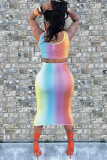 Yellow Sexy Fashion Tank Sleeveless O neck Step Skirt Mid-Calf hollow out Print Fluorescent hole backless