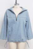 Blue Denim Turndown Collar Long Sleeve washing Zippered Old Long Sleeve Tops