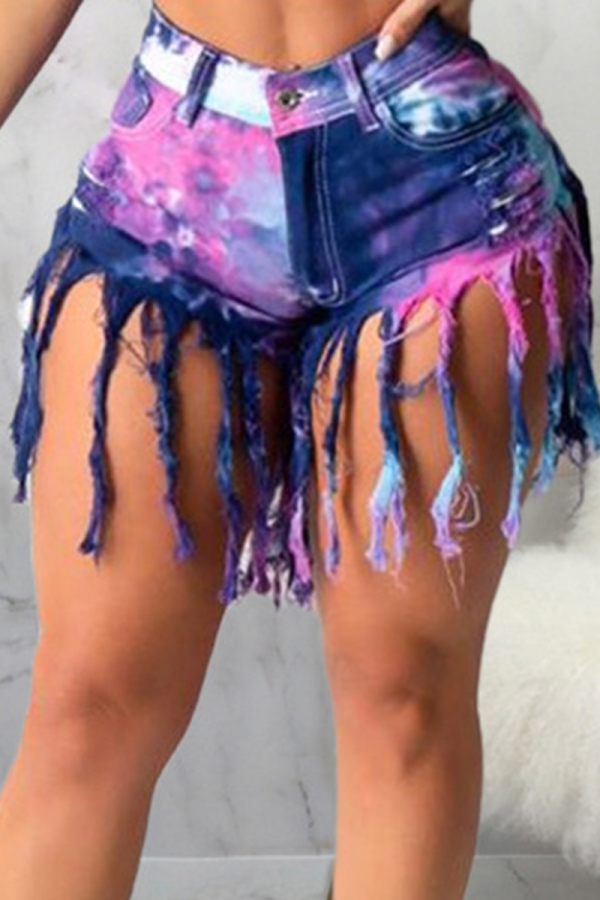 Blue Sexy Patchwork Tassel Tie-dye High Waist Regular Denim Shorts