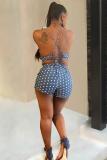 Blue Fashion Sexy Asymmetrical Polka Dot Sleeveless Slip Rompers