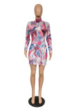 Multicolor Sexy Print O Neck Wrapped Skirt Dresses