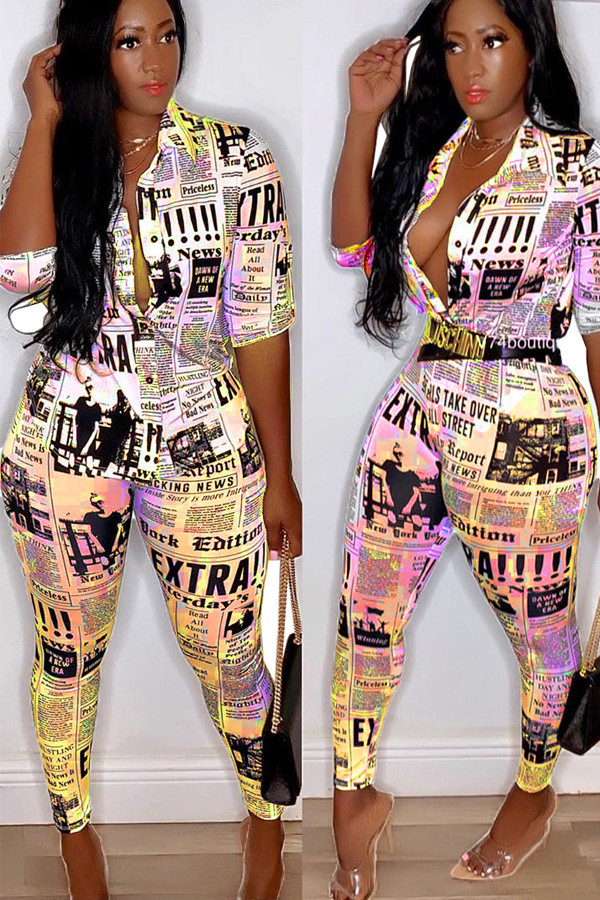 Yellow Fashion Sexy Slim fit Two Piece Suits Geometric Letter asymmetrical Print Skinny Half Slee