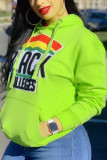 Fluorescent green Chemical fiber blend hooded Long Sleeve Letter Print Fluorescent Rainbow Tops