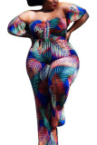 Multi-color Fashion Sexy adult One word collar Patchwork Print Bandage ruffle Stitching Plus Size