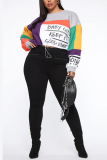 Grey Casual Print Draw String Letter O Neck Plus Size 