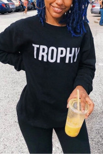Black Chemical fiber blend O Neck Long Sleeve Letter Print Tops