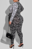 Black Sexy Print Patchwork V Neck Plus Size Jumpsuits