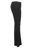 Black Denim Button Fly Sleeveless High Solid Patchwork Hole Boot Cut Pants 